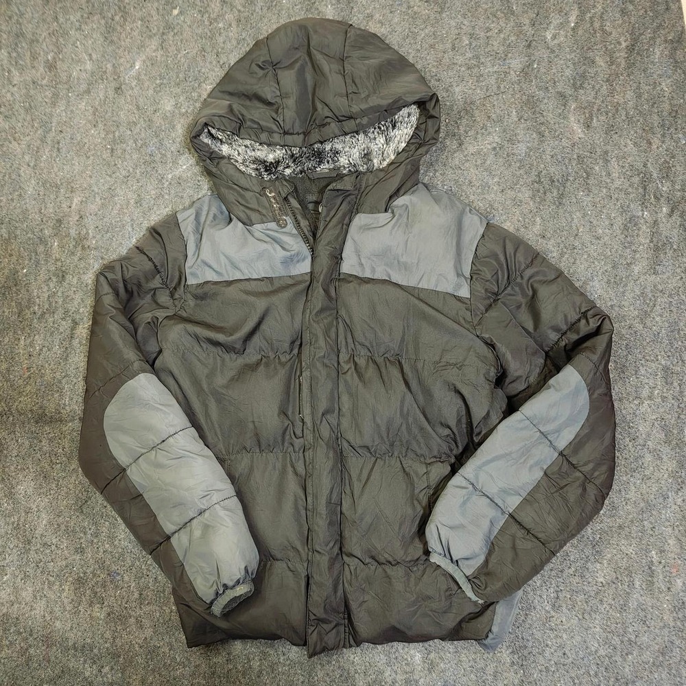 Wonder Nation Womens Grey Green Puffer Jacket Fur Hooded Winter Coat Size M 8